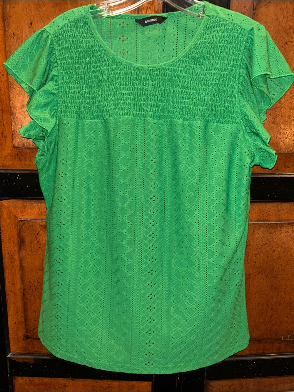 Green Eyelet Flutter Sleeve Top
